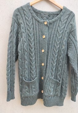 Vintage Irish Pure Wool Knitted Khaki Green Aran Cardigan