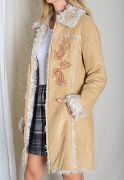 Vintage 90s Beige Embroidered Paisley Penny Lane Coat