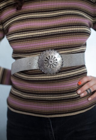 VINTAGE 70'S GREY LEATHER MASSIVE BUCKLE BELT