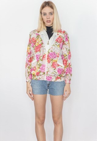 VINTAGE 80S WHITE ROSE GARDEN BOMBER JACKET