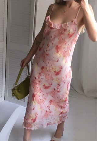 VINTAGE Y2K PEACHY PINK FLORAL DITSY STRAPPY SUMMER DRESS