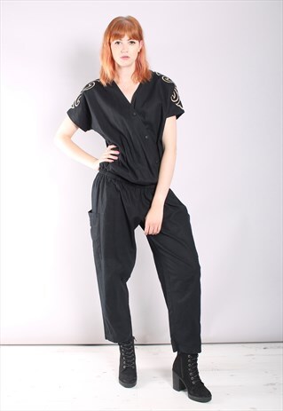 VINTAGE 80S GOLD EMBROIDERED SLOUCHY WRAP JUMPSUIT