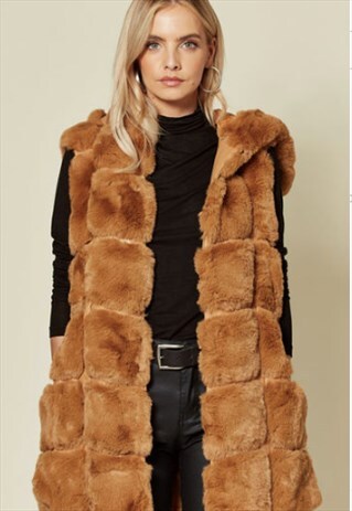 CAMEL FAUX FUR THIGH LENGTH GILET WITH POM POM HOOD