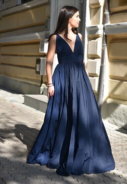 Taffeta Dress Evening Long Prom Dress Blue Open Back F1952