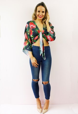 FLORAL PRINT PLUNGE FRONT TIE PEASANT BOHO BLOUSE TOP