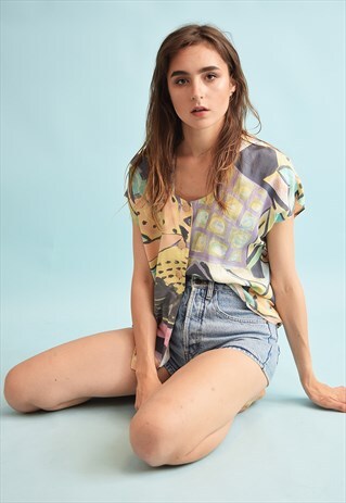 80'S RETRO ABSTRACT PRINT OVERSIZED FESTIVAL BLOUSE TOP