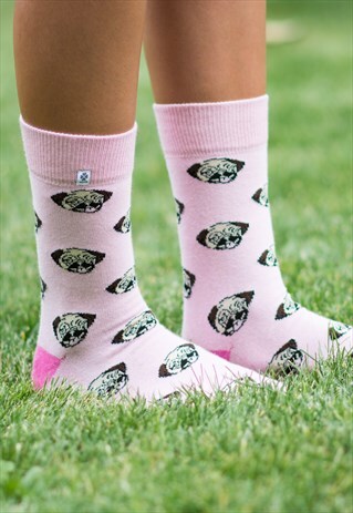 FUNNY WOMEN PINK SOCKS WITH CUTE DOG PUG ANIMAL, FUNKY SOCKS