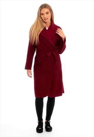 WINE LONG BELTED TEDDY COAT