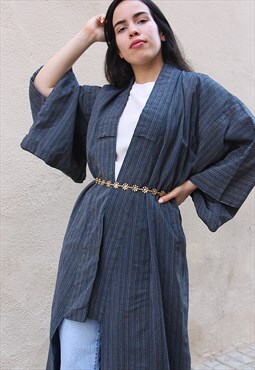 Grey & Navy Blue Fine Stripe Full Length Kimono