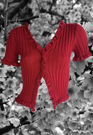 CROP RIB KNIT CARDIGAN IN RUBY RED