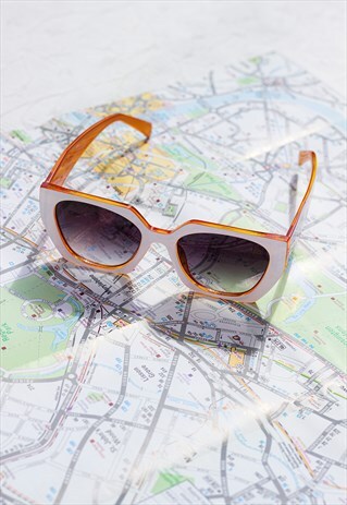 White Orange Angled Flat Square Edge Cat Eye Sunglasses 