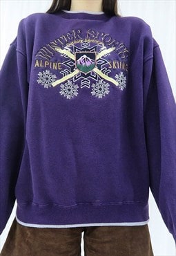 90s Vintage Purple Embroidered Sweater Jumper (Size L)