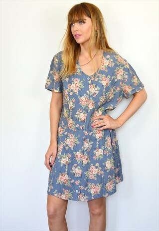 VINTAGE BLUE FLORAL BUTTON THROUGH SUMMER MINI DRESS