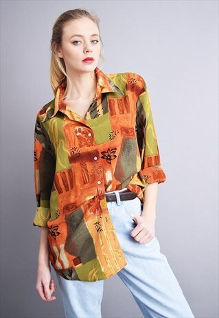90'S MOD HIPPIE ABSTRACT FLORAL PRINT OVERSIZED SHIRT TOP