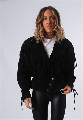 SUEDE LEATHER FRINGE TASSEL JACKET VINTAGE UK 14 (FBG)