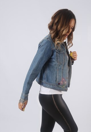 VINTAGE GAP DENIM JACKET EMBROIDERED FITTED UK 8 XS (BCQ)