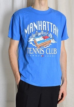 Y2K Blue Graphic Manhattan Tennis New York T-Shirt
