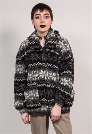 90'S BLACK & WHITE SNOWFLAKE PRINT FLEECE JACKET COAT