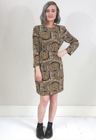 VINTAGE 80'S BROWN PAISLEY TULIP SKIRT DRESS W/ POCKETS