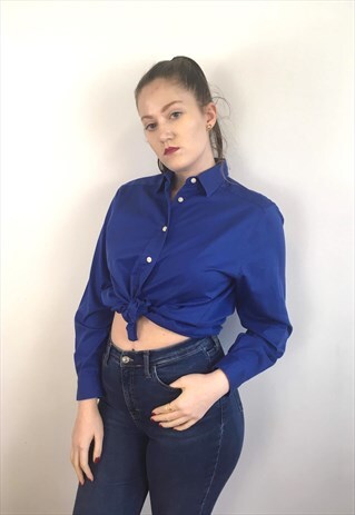WOMENS VINTAGE 80S BURBERRY TOP LONG SLEEVE SHIRT IN BLUE