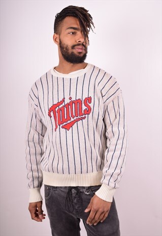 MENS VINTAGE JUMPER SWEATER XL WHITE STRIPES 90S