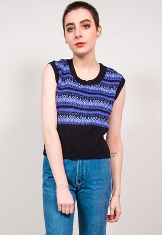 VINTAGE 70'S PURPLE STRIPED PATTERN RIBBED KNIT VEST TOP