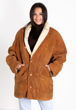 VINTAGE 80S SHEARLING COAT REAL LEATHER / S0293