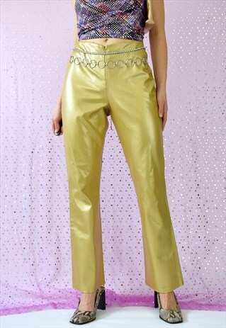 VINTAGE 90S Y2K GOLD PVC HIGH WAISTED FLARED TROUSERS