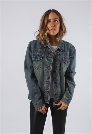 VINTAGE DENIM JACKET OVERSIZED FITTED DIRT WASH UK 14 (KHDJ)