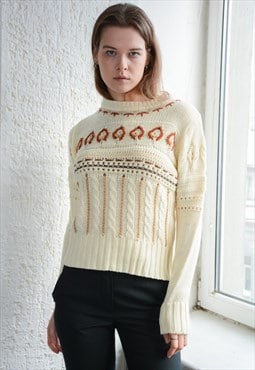 Vintage Milk White Textured Knitted Jumper