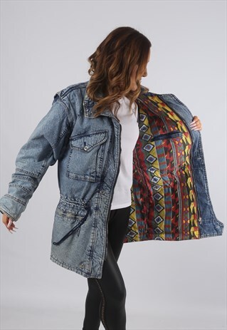 VINTAGE DENIM PARKA JACKET ACID WASH LONGLINE UK 12 M (E93Y)
