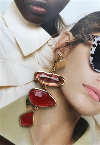 MARIN DROP EARRINGS IN GOLD, RED AND PINK RHINESTONE CRYSTAL