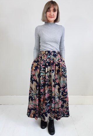 VINTAGE 80'S NAVY FLORAL GATHERED MIDI MIDAXI SKIRT