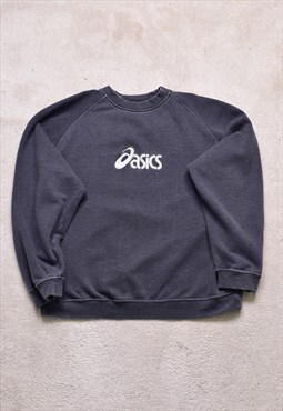 Vintage 90s Asics Black Grey Embroidered Spell Out Sweater