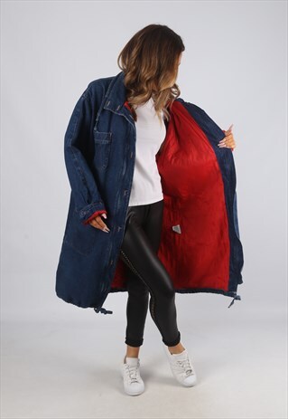 VINTAGE DENIM JACKET OVERSIZED LONG LINED UK 16 XL (R2P)