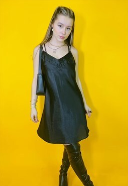Vintage 90s Black Satin Midi Slip Dress