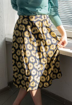 Vintage 80's Navy Flower Print Midi Skirt