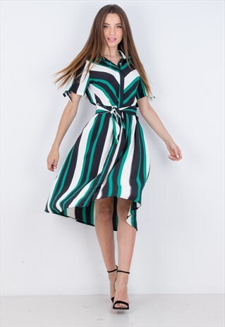 STRIPED SELF-TIE DRESS WITH BUTTONS