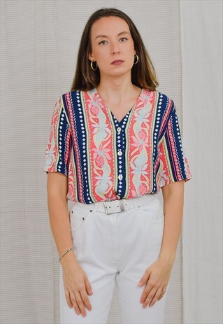 PRINTED SHIRT VINTAGE AZTEC ZIG ZAG BLOUSE PADDED SHOULDERS