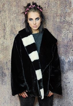 Faux fur coat fluffy trench jacket stripe bomber in black