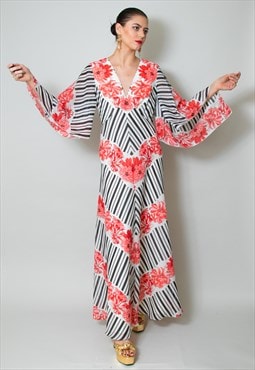70's Vintage Ladies Stripe White Kimono Sleeve Maxi Dress