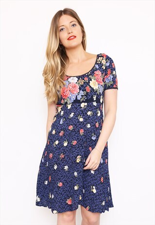 VINTAGE 90S BLUE FLORAL PRINT DRESS