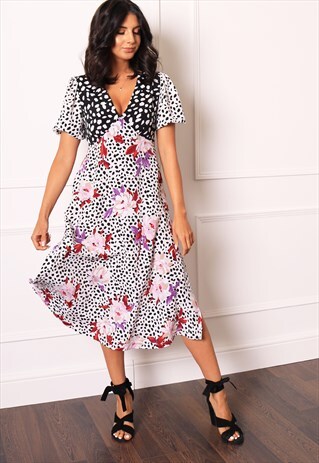 V NECK MIXED PUFF SLEEVE SPOT & FLORAL PRINT MIDI TEA DRESS
