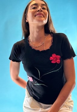 Black Y2K T-shirt Top with Flower embroidered
