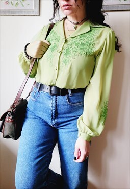 90s retro sheer green lace embreoidered blouse top