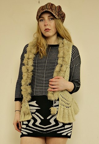VINTAGE CREAM KNITTED FAUX FUR POM POM WAISTCOAT VEST
