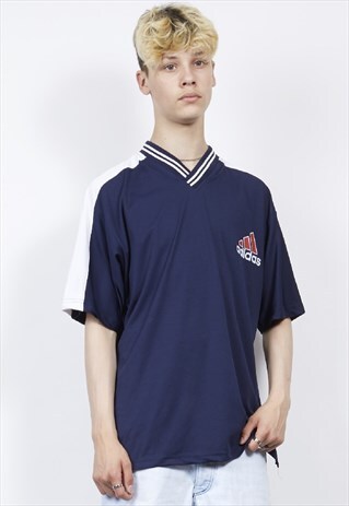 VINTAGE 90'S ADIDAS V-NECK LOGO NAVY T-SHIRT