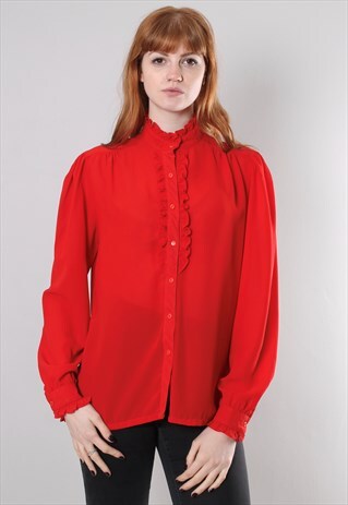 VINTAGE 80S VICTORIANA RUFFLE HIGH NECK CHIFFON BLOUSE