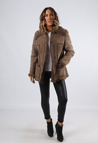 SHEEPSKIN SUEDE LEATHER SHEARLING SHORT COAT UK 12 (G9BF)