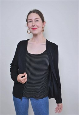 Vintage black minimalist blouse, 90s striped shirt for work